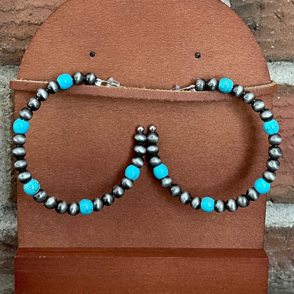 Navajo Style Pearl and Turquoise Hoop Earrings